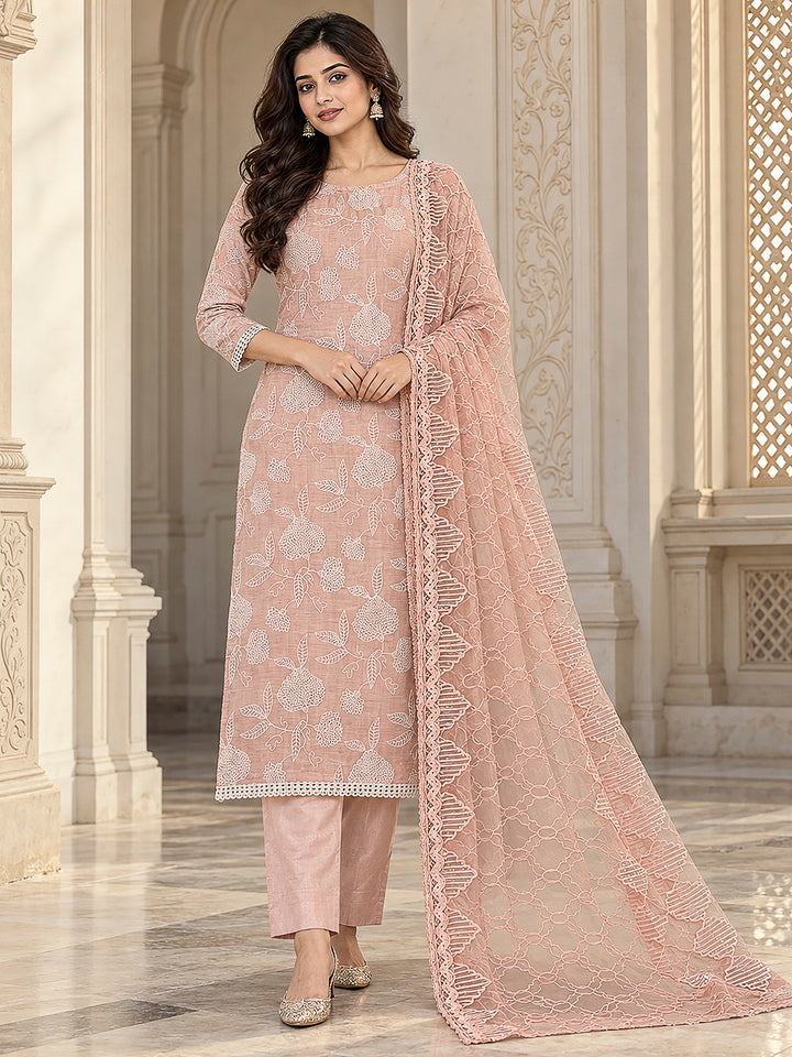 Peach Chanderi Embroidered Unstitched Dress Material