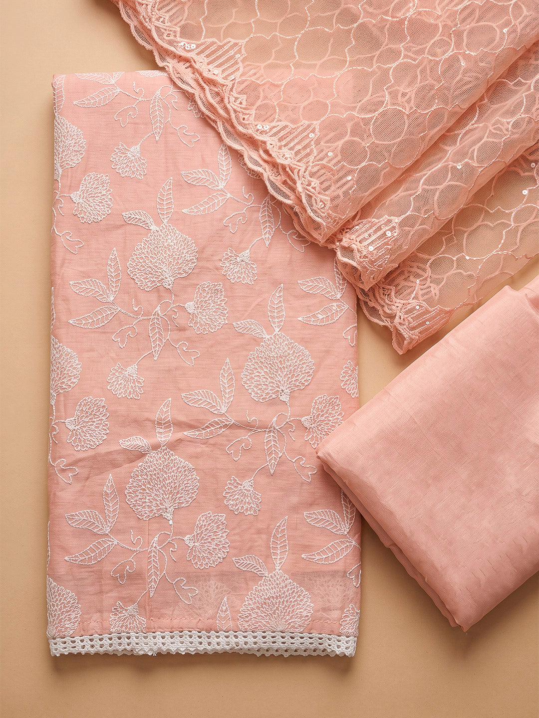 Peach Chanderi Embroidered Unstitched Dress Material