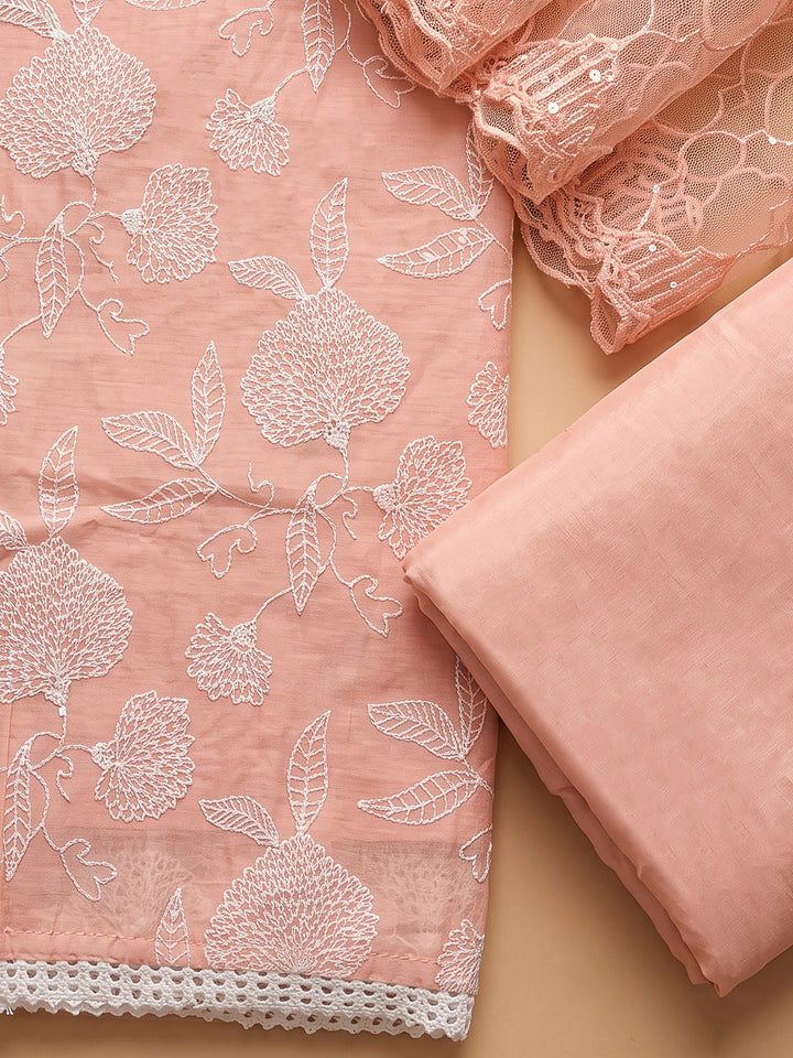 Peach Chanderi Embroidered Unstitched Dress Material