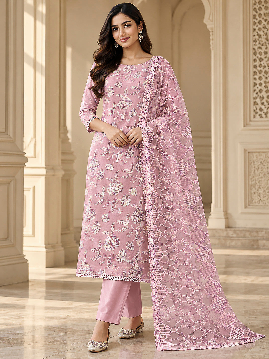 Pink Chanderi Embroidered Unstitched Dress Material