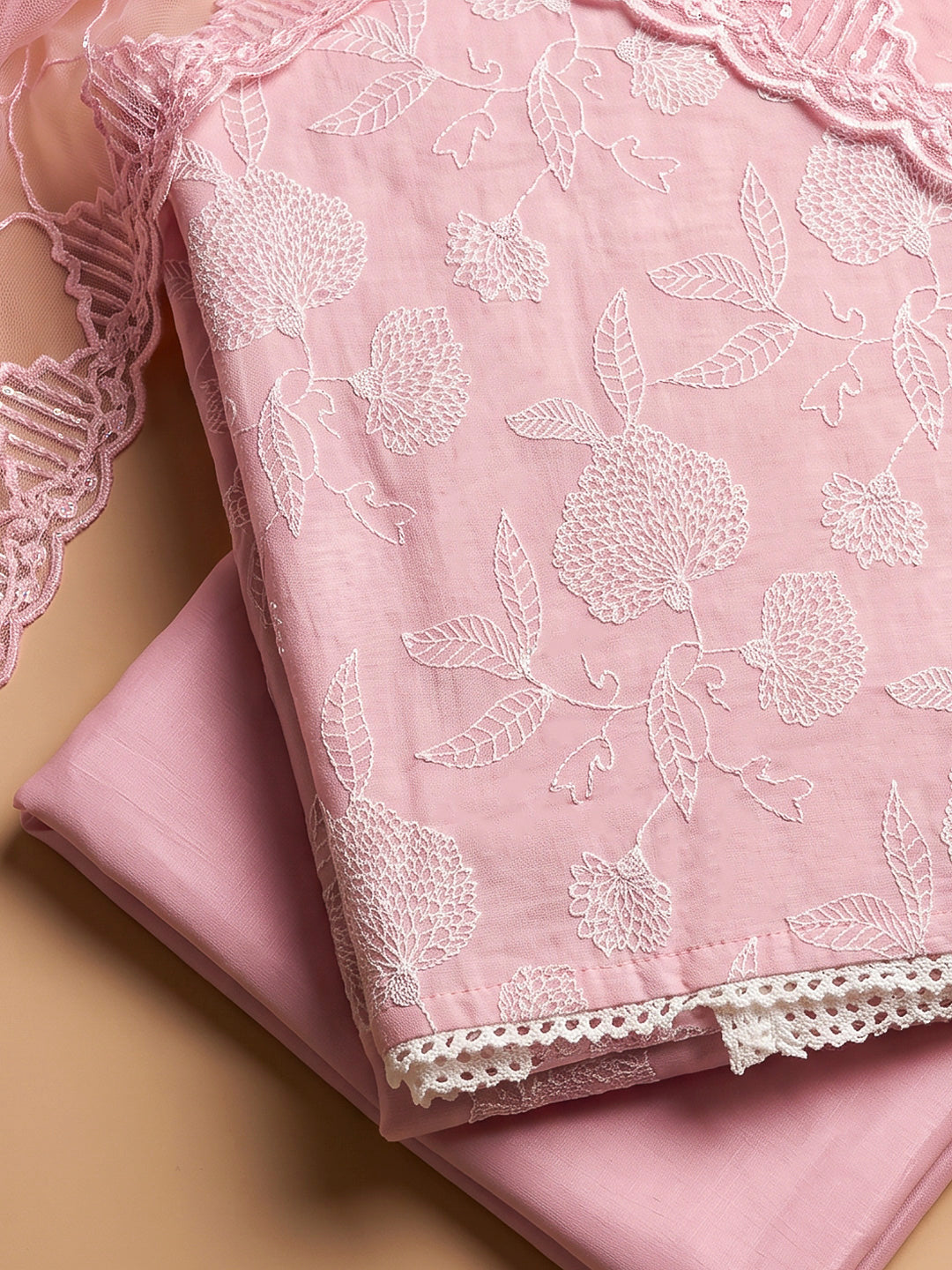 Pink Chanderi Embroidered Unstitched Dress Material