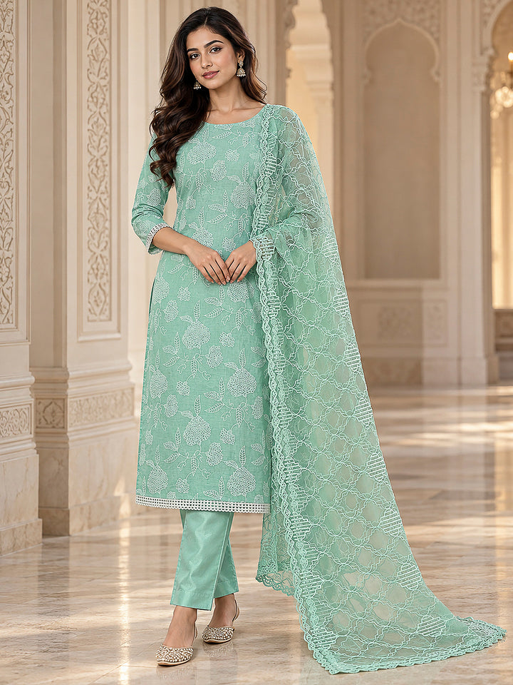 Sea Green Chanderi Embroidered Unstitched Dress Material