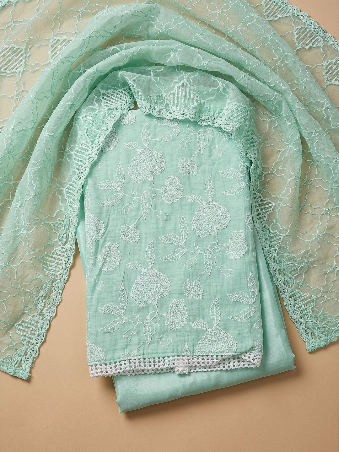 Sea Green Chanderi Embroidered Unstitched Dress Material