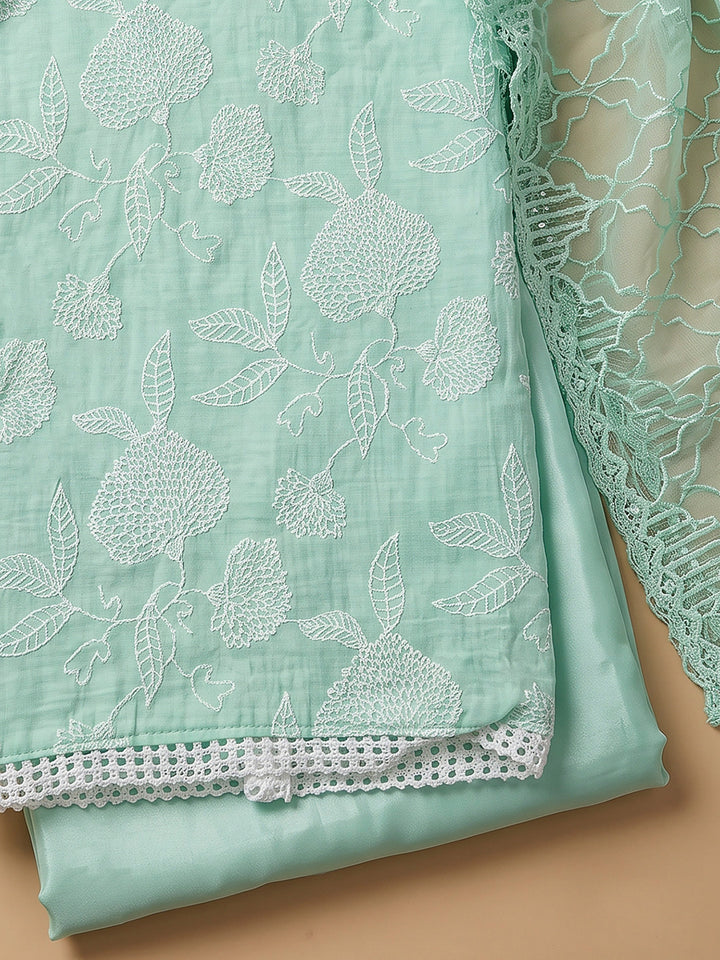 Sea Green Chanderi Embroidered Unstitched Dress Material