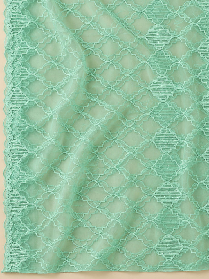 Sea Green Chanderi Embroidered Unstitched Dress Material