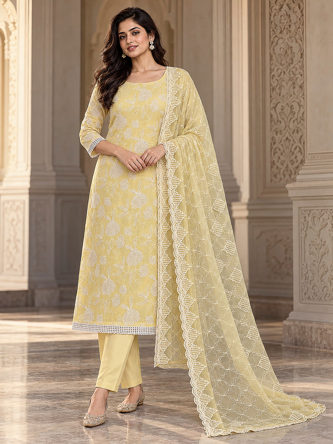 Yellow Chanderi Embroidered Unstitched Dress Material