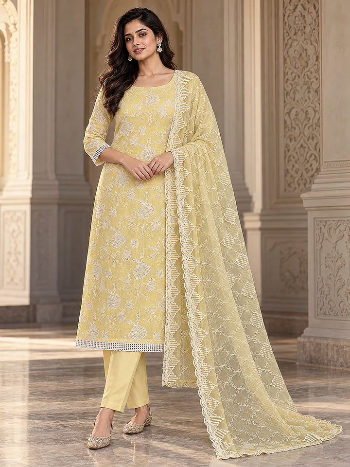 Yellow Chanderi Embroidered Unstitched Dress Material