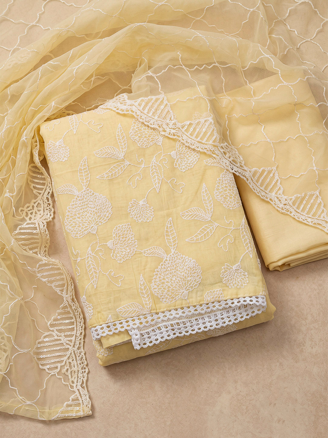 Yellow Chanderi Embroidered Unstitched Dress Material