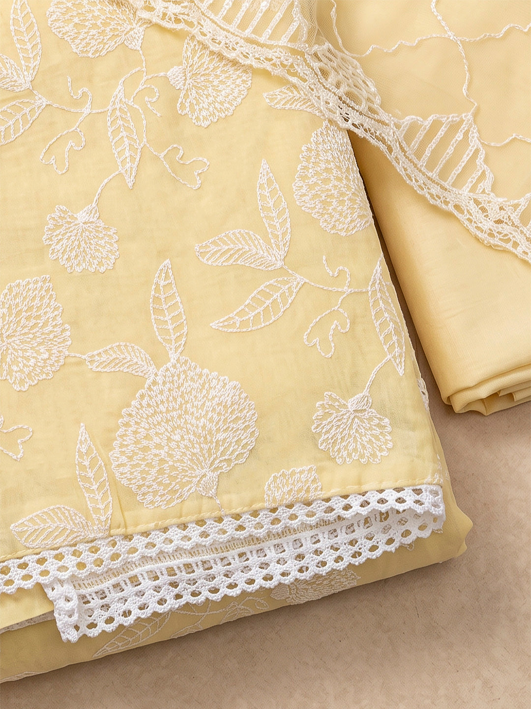 Yellow Chanderi Embroidered Unstitched Dress Material