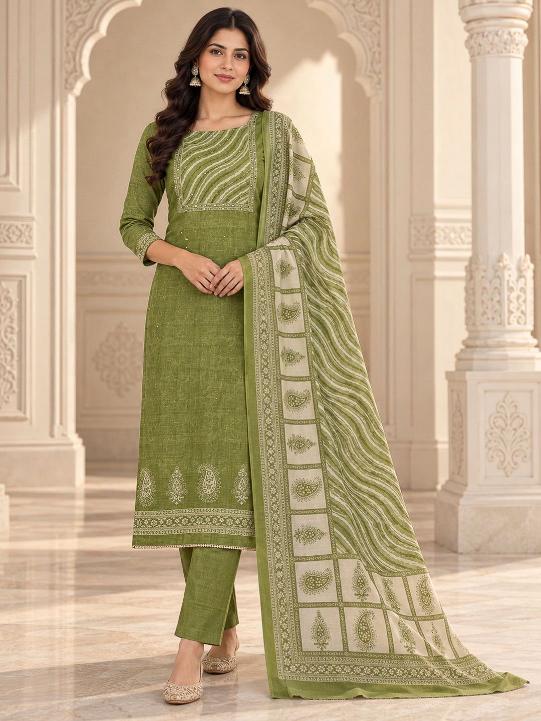 Mehndi Chanderi Printed Unstitched Dress Material