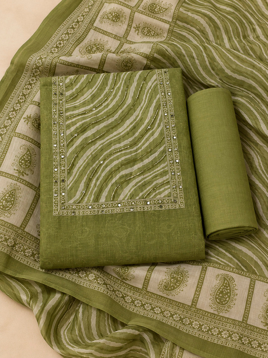 Mehndi Chanderi Printed Unstitched Dress Material