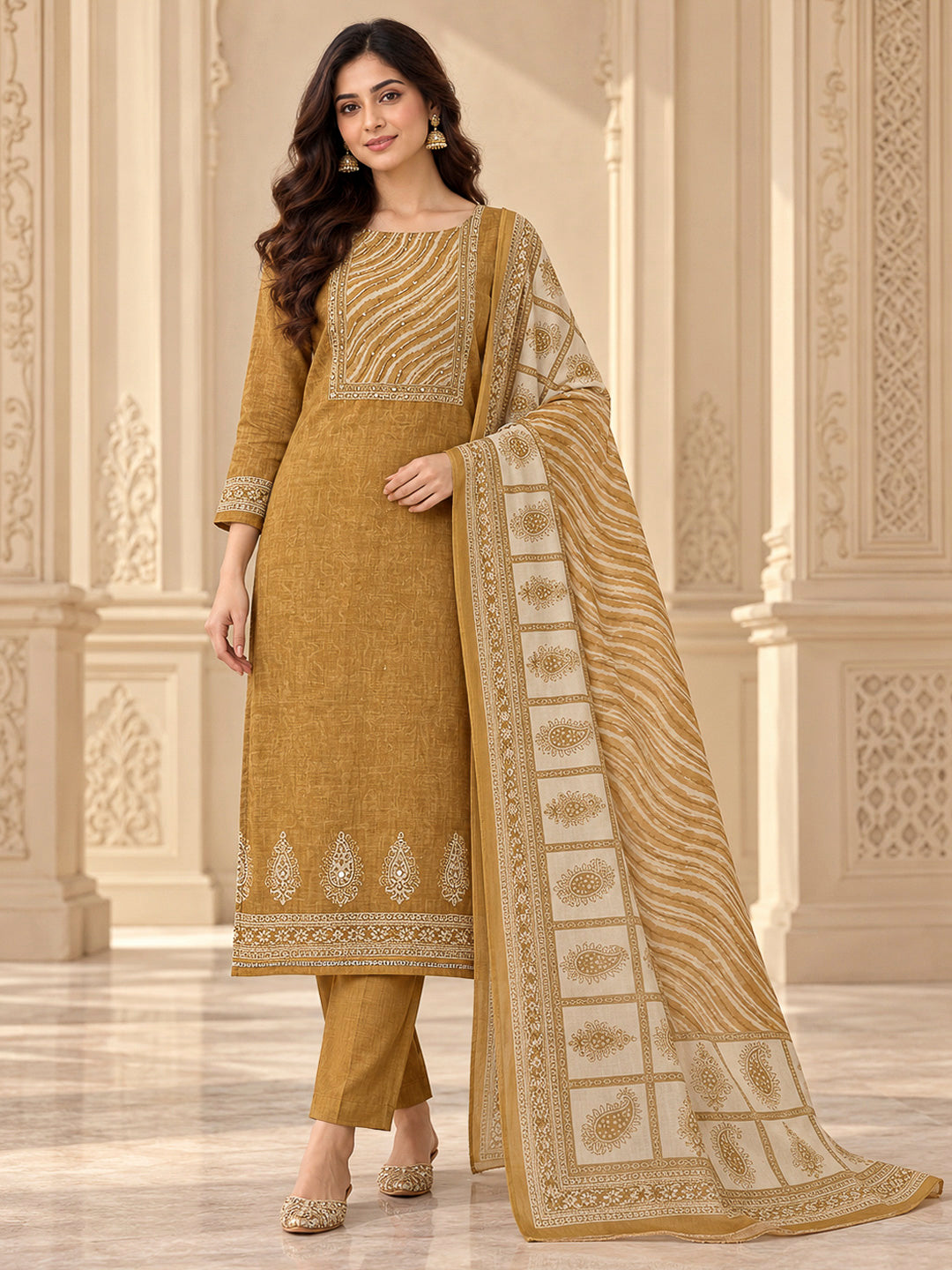 Mustard Chanderi Printed Unstitched Dress Material