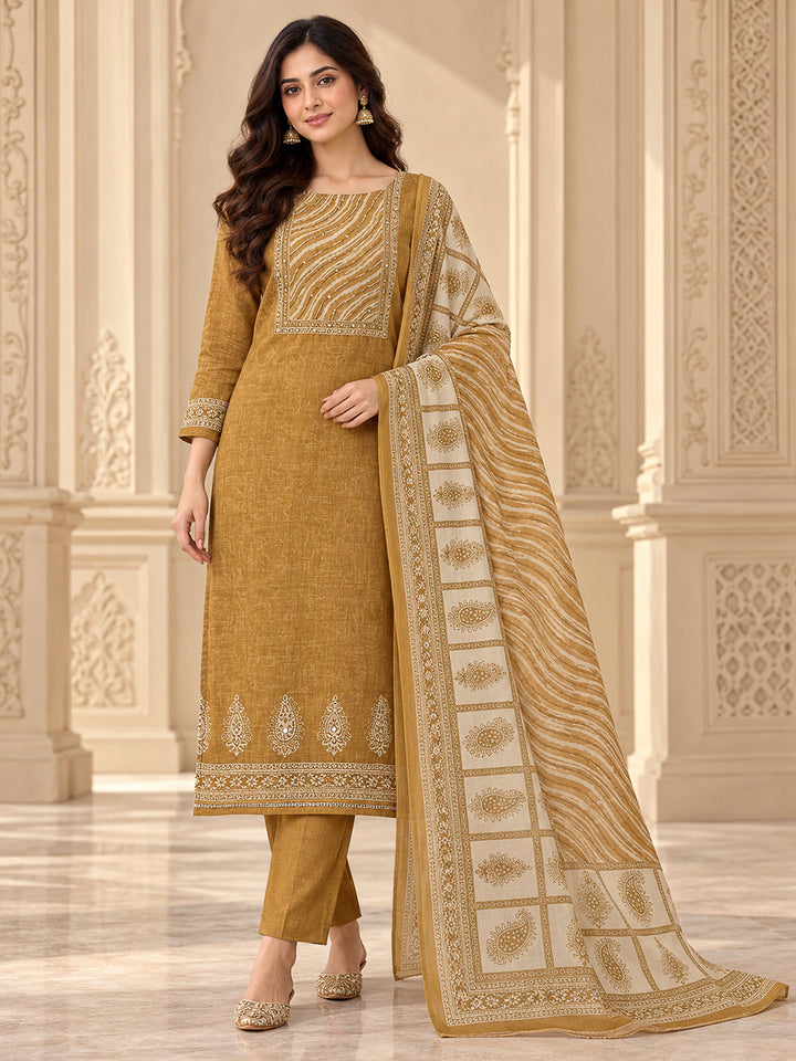 Mustard Chanderi Printed Unstitched Dress Material