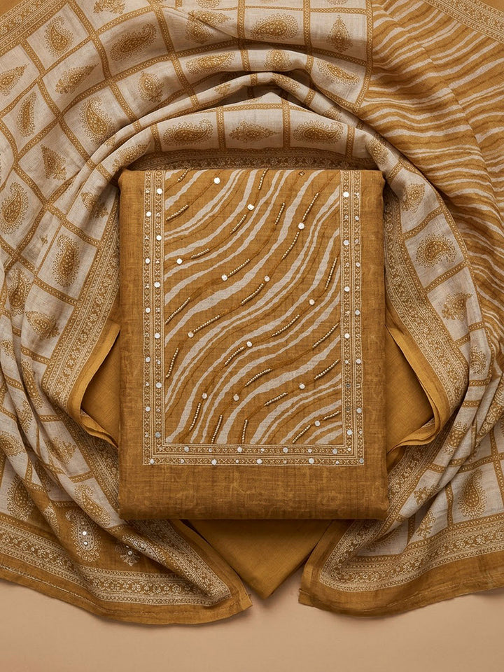 Mustard Chanderi Printed Unstitched Dress Material