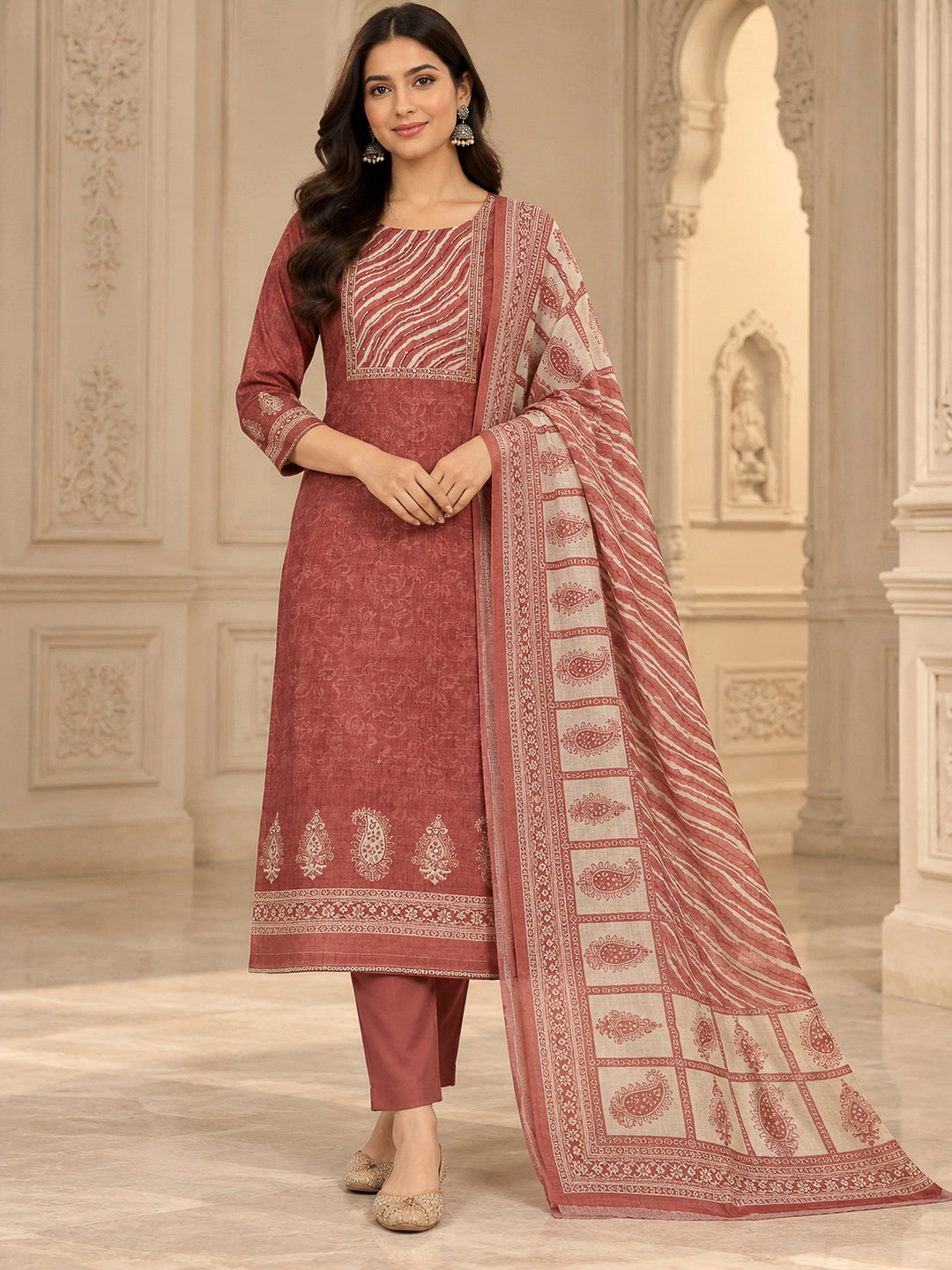 Onion Pink Chanderi Printed Unstitched Dress Material