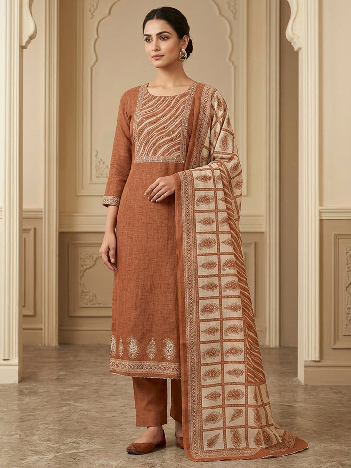 Rust Chanderi Printed Unstitched Dress Material