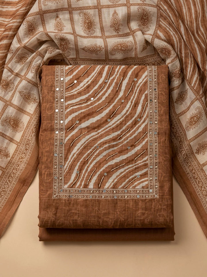 Rust Chanderi Printed Unstitched Dress Material