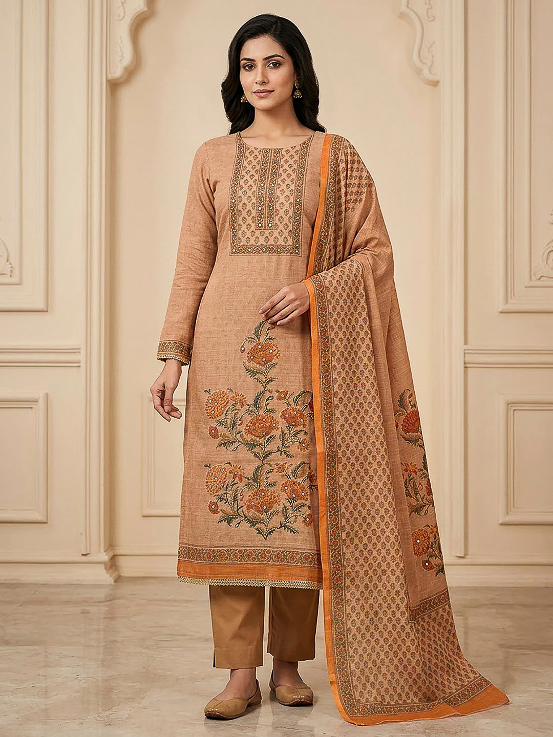 Beige Chanderi Printed Unstitched Dress Material
