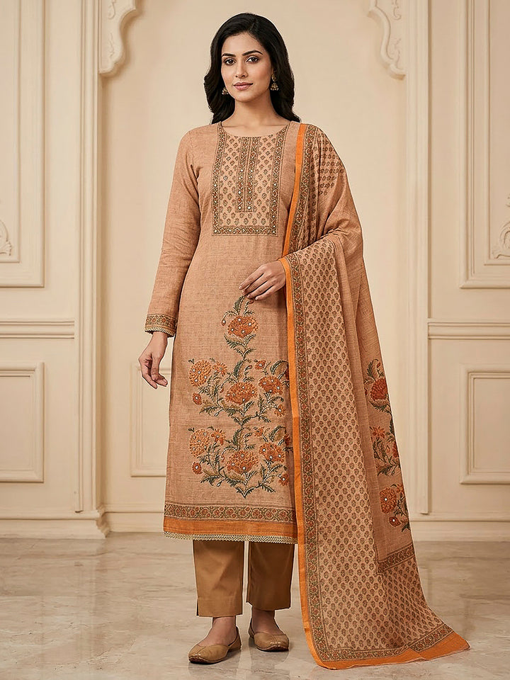 Beige Chanderi Printed Unstitched Dress Material