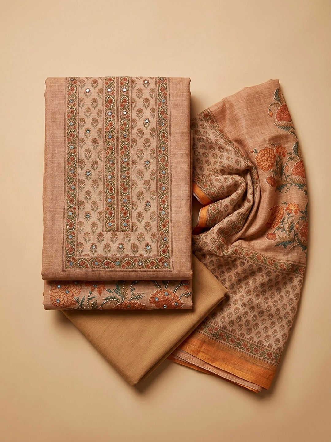 Beige Chanderi Printed Unstitched Dress Material