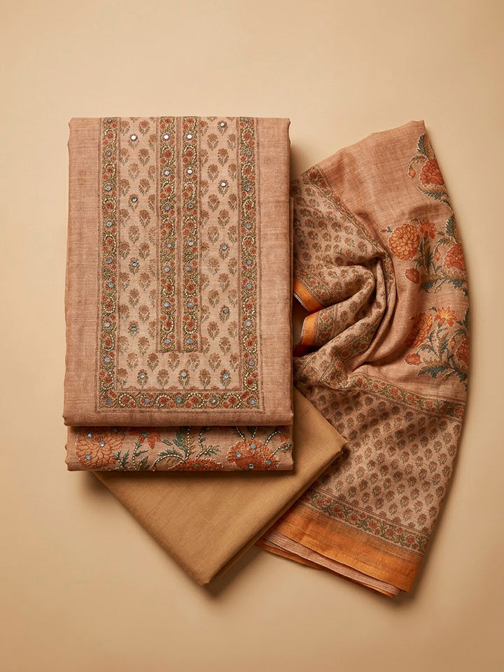 Beige Chanderi Printed Unstitched Dress Material
