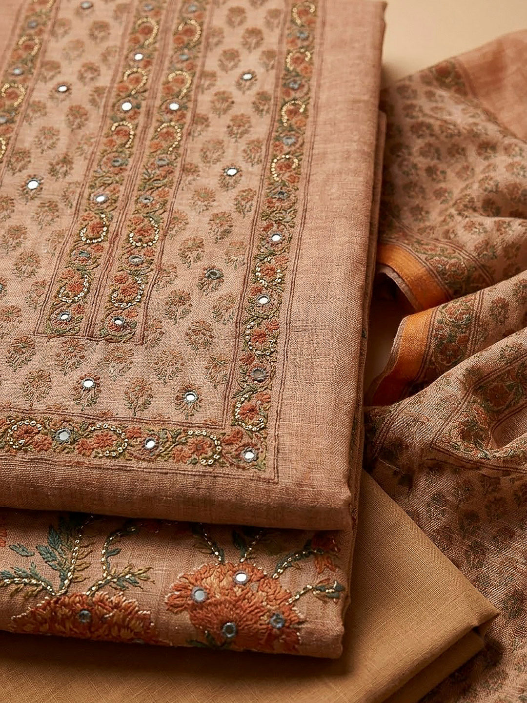 Beige Chanderi Printed Unstitched Dress Material