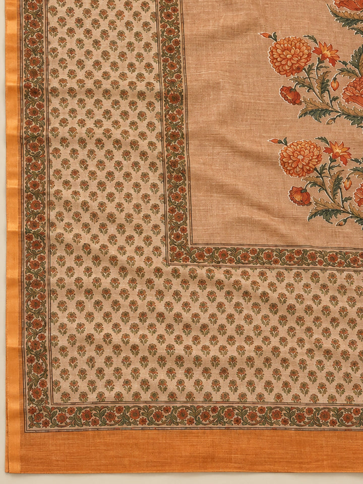 Beige Chanderi Printed Unstitched Dress Material