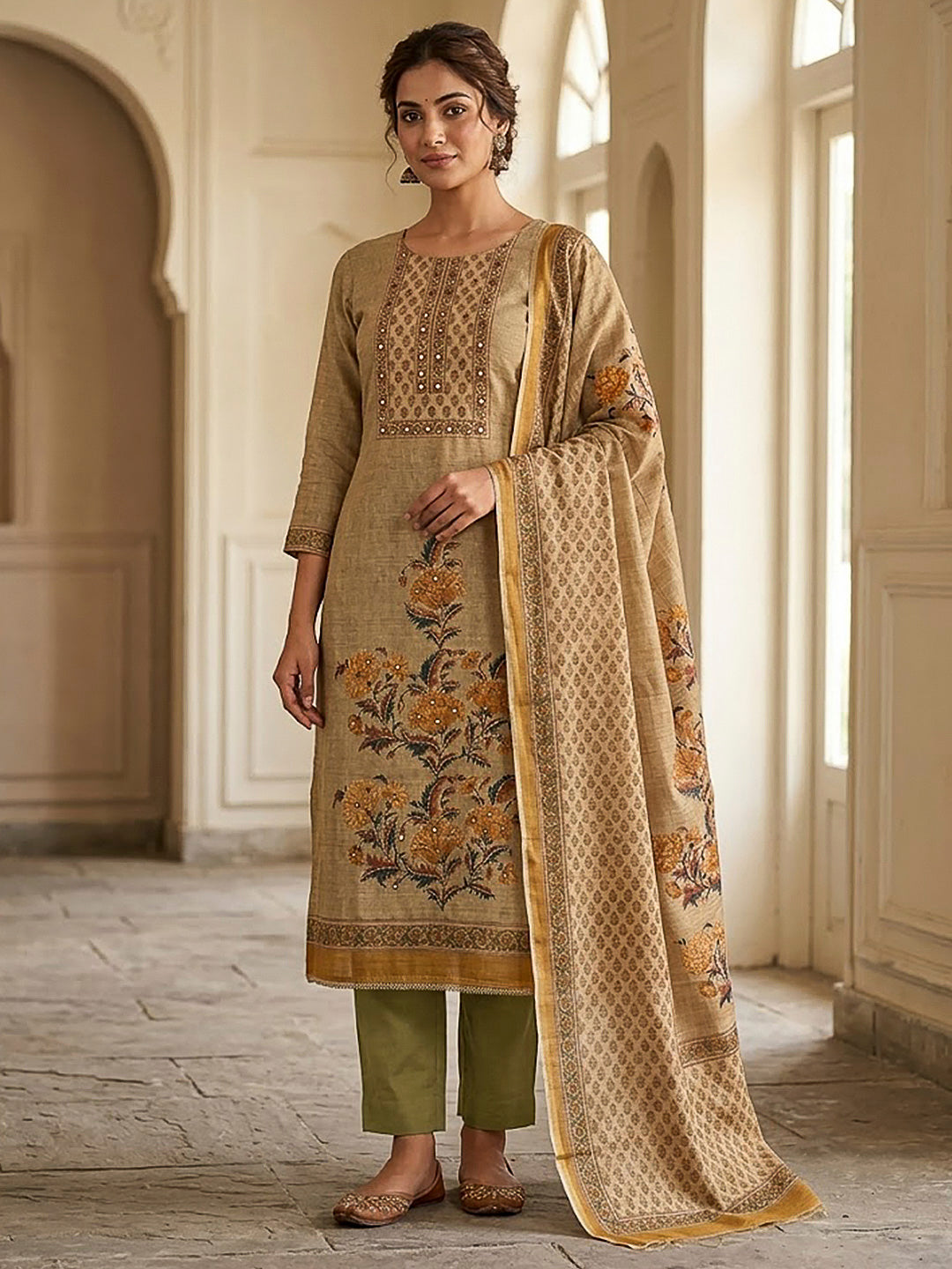 Mustard Chanderi Printed Unstitched Dress Material