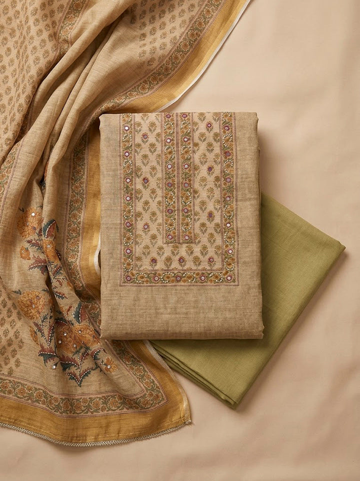 Mustard Chanderi Printed Unstitched Dress Material