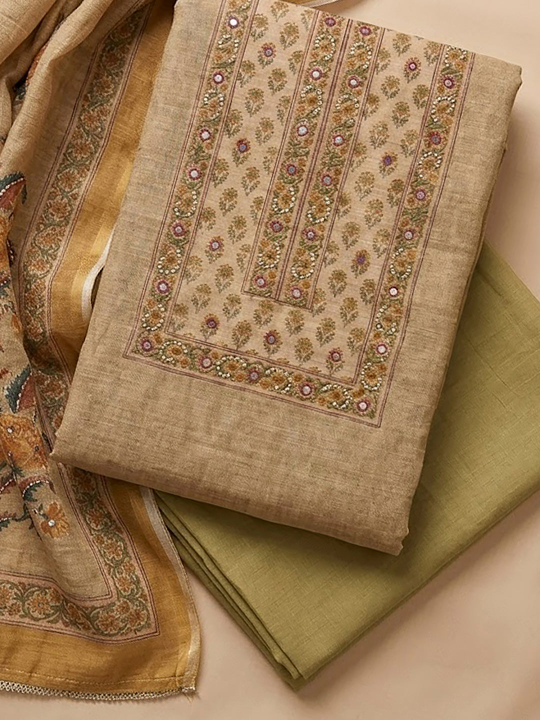 Mustard Chanderi Printed Unstitched Dress Material