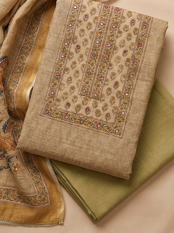 Mustard Chanderi Printed Unstitched Dress Material