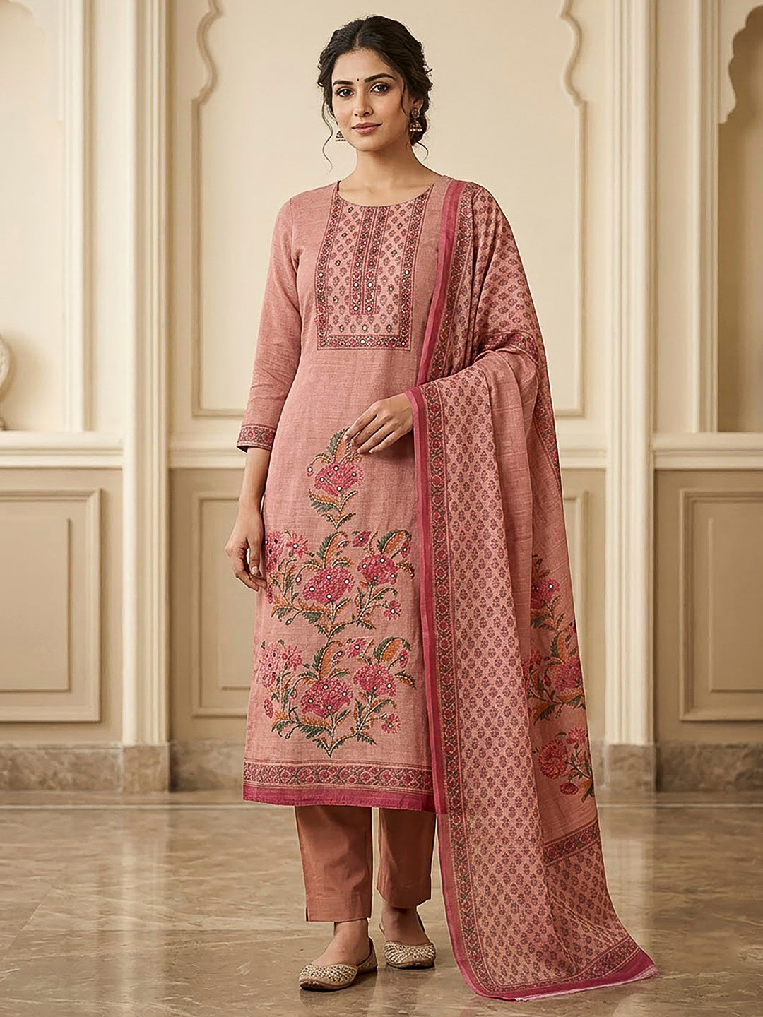 Onion Pink Chanderi Printed Unstitched Dress Material