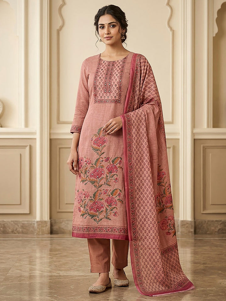 Onion Pink Chanderi Printed Unstitched Dress Material