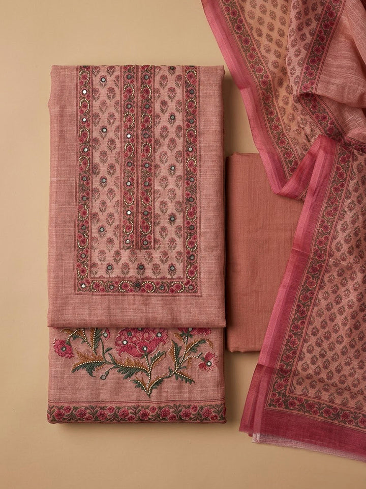 Onion Pink Chanderi Printed Unstitched Dress Material