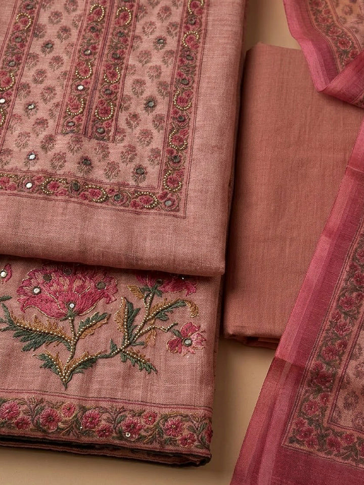 Onion Pink Chanderi Printed Unstitched Dress Material