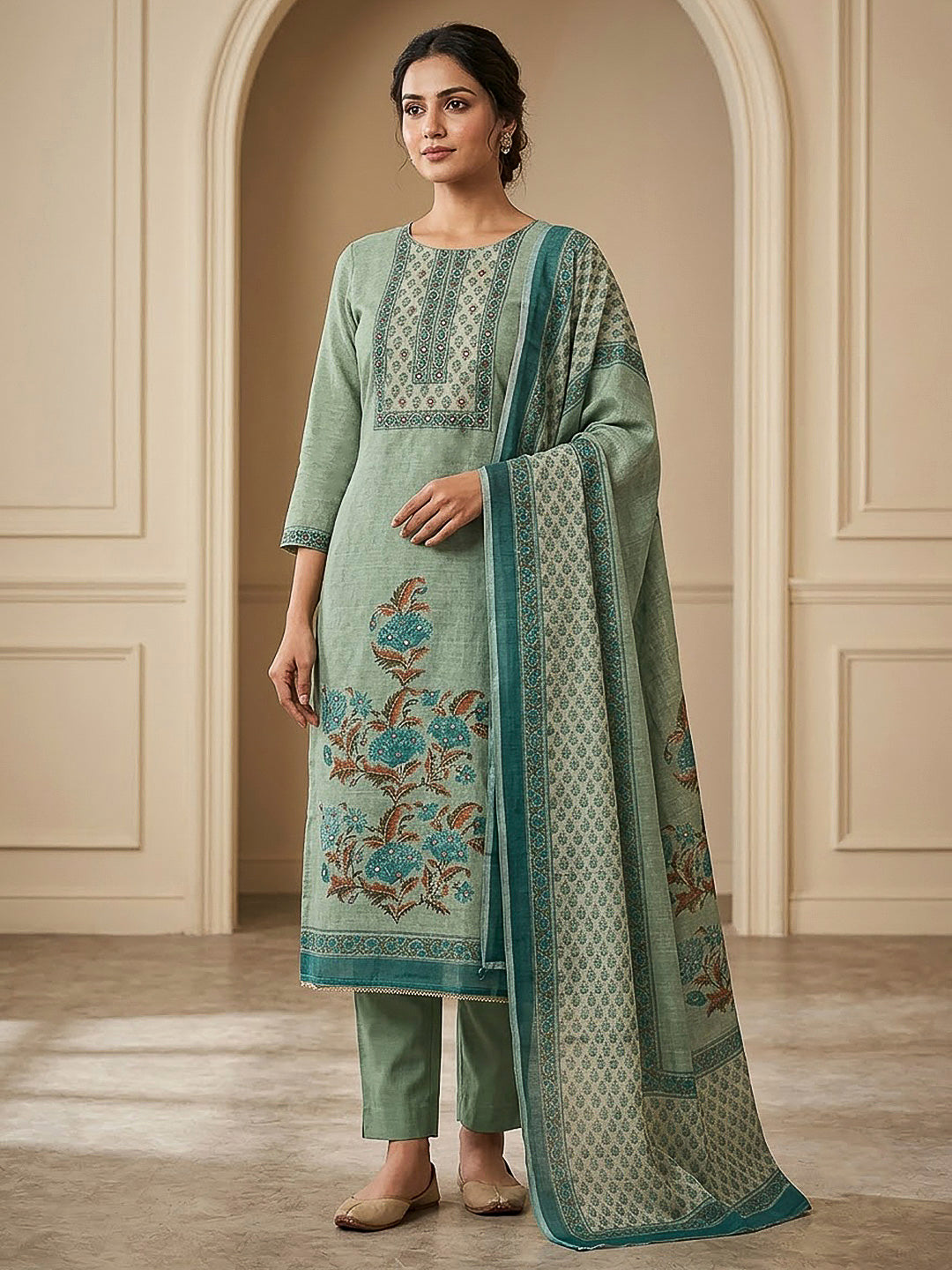Rama Green Chanderi Printed Unstitched Dress Material