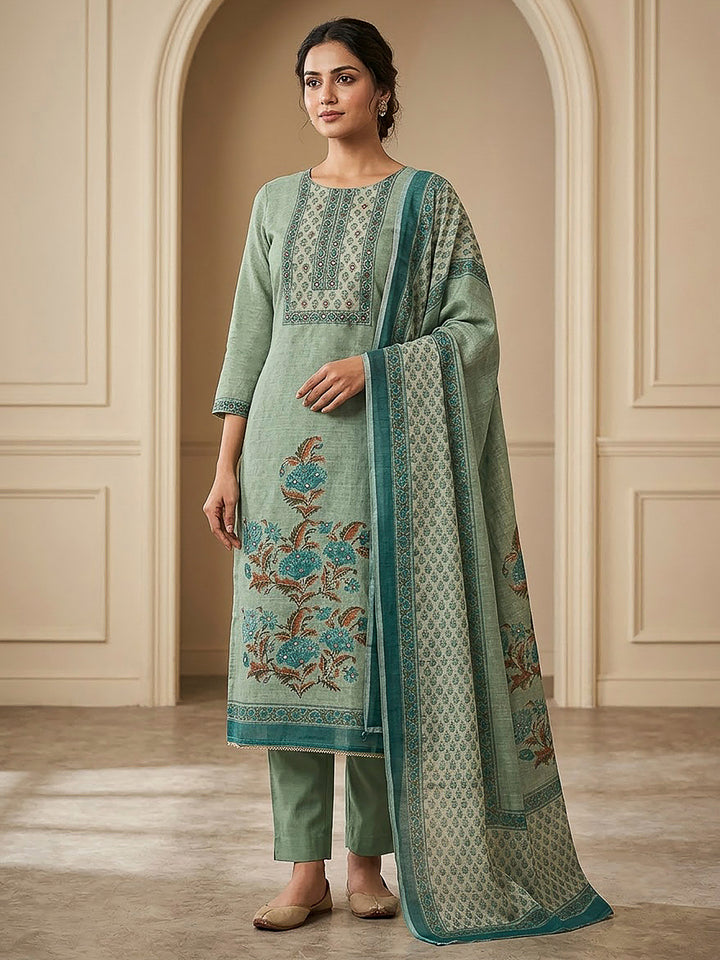 Rama Green Chanderi Printed Unstitched Dress Material