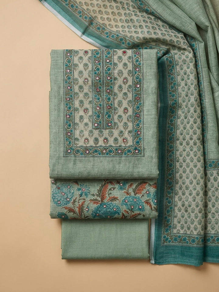 Rama Green Chanderi Printed Unstitched Dress Material