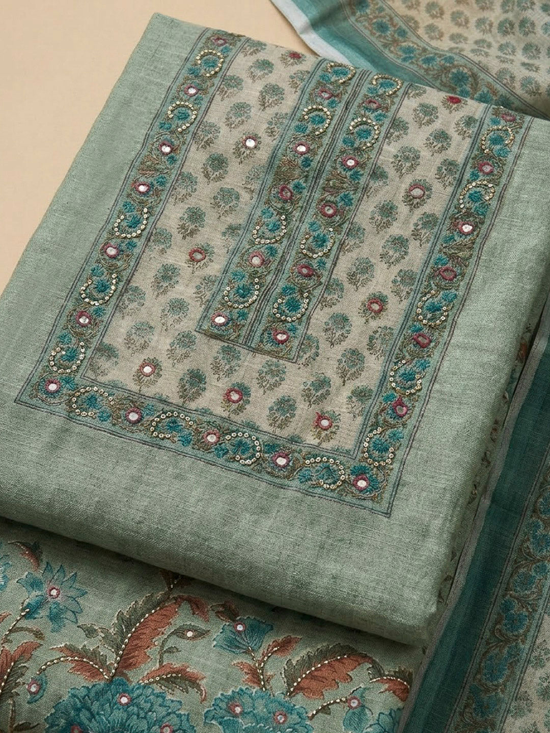 Rama Green Chanderi Printed Unstitched Dress Material