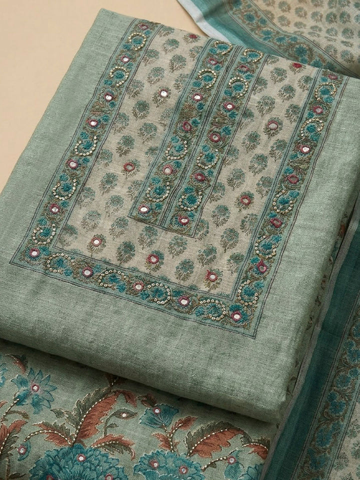 Rama Green Chanderi Printed Unstitched Dress Material
