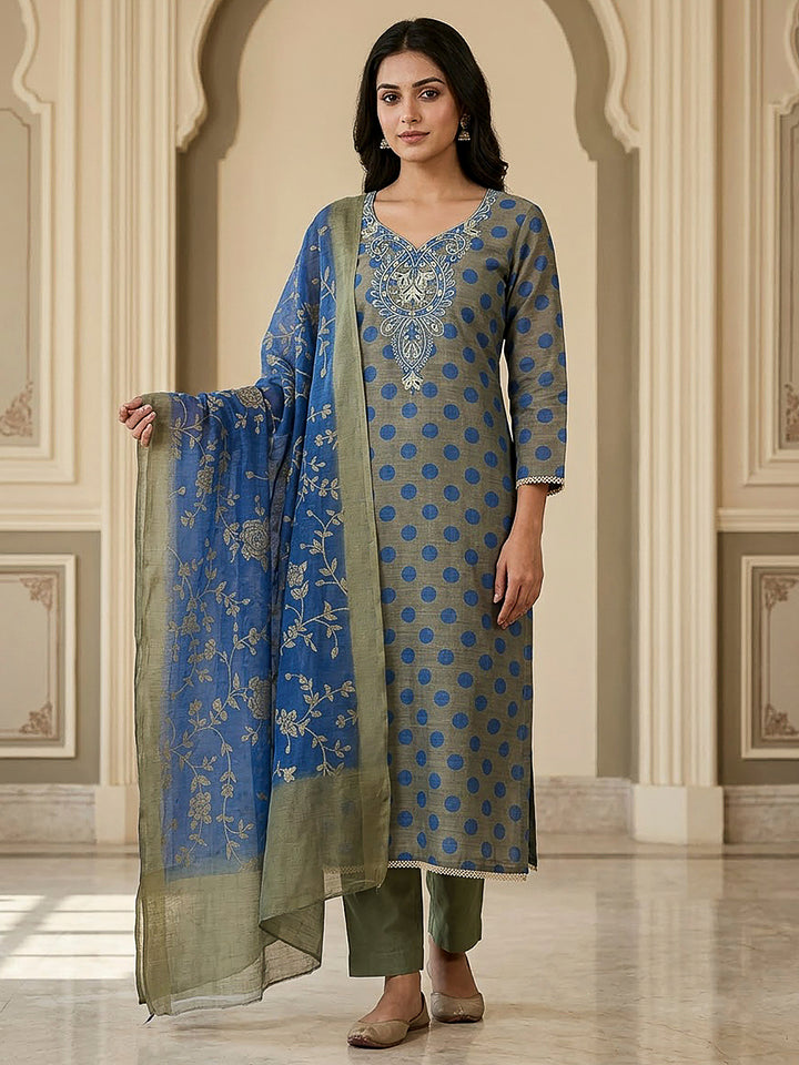 Grey Cotton Blend Embroidered Unstitched Dress Material