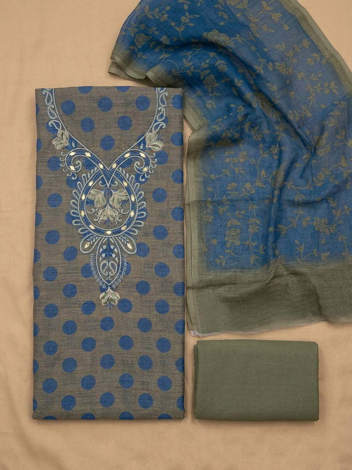 Grey Cotton Blend Embroidered Unstitched Dress Material