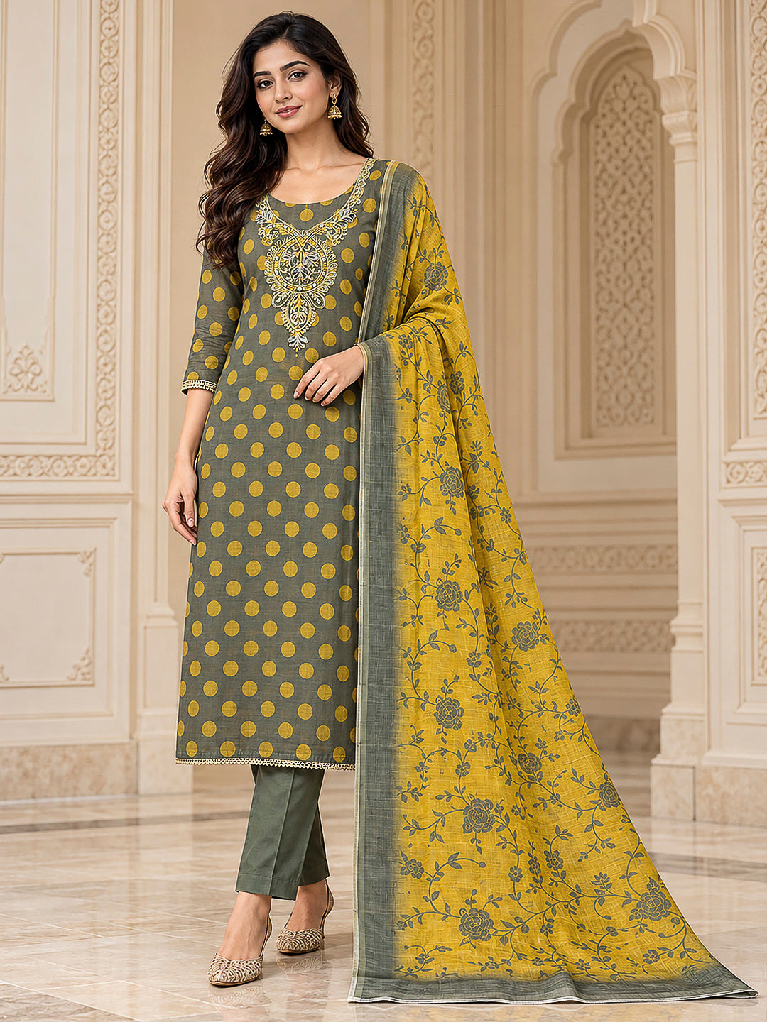 Grey Cotton Blend Embroidered Unstitched Dress Material