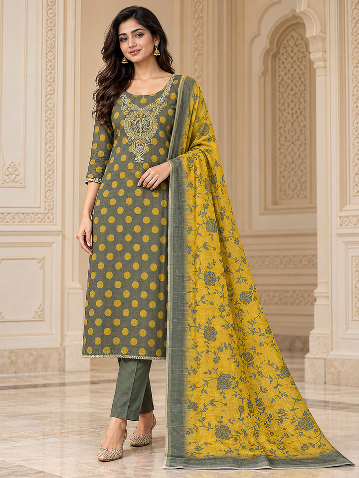 Grey Cotton Blend Embroidered Unstitched Dress Material