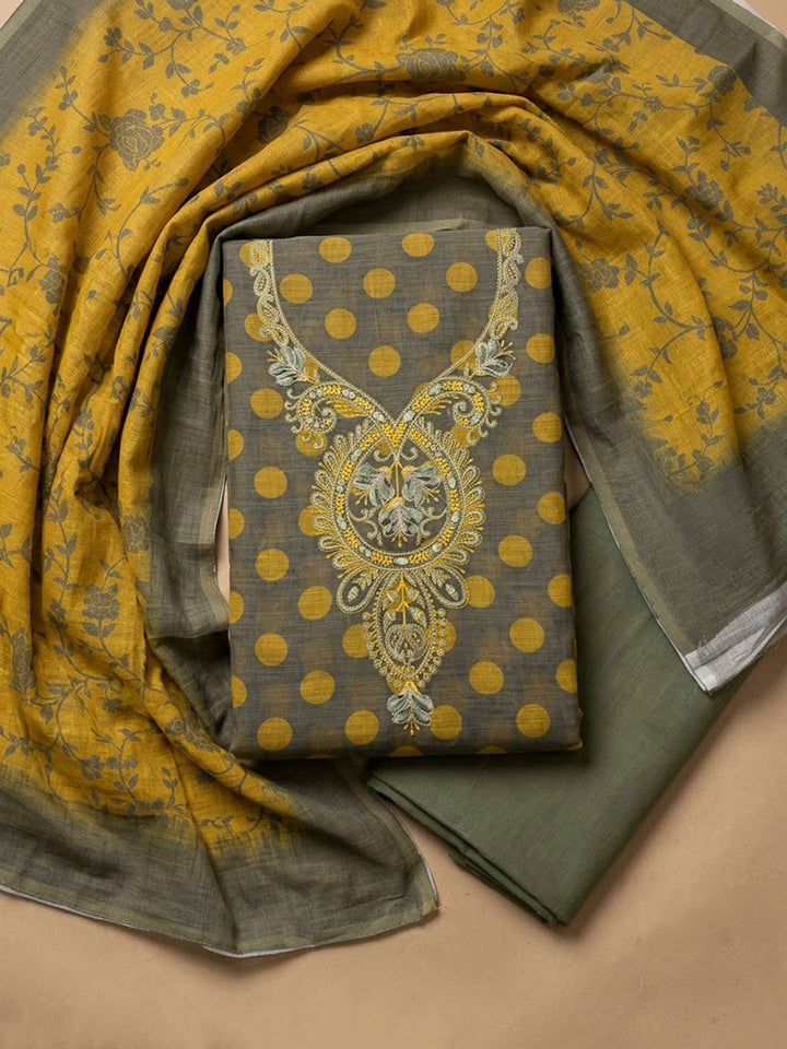 Grey Cotton Blend Embroidered Unstitched Dress Material