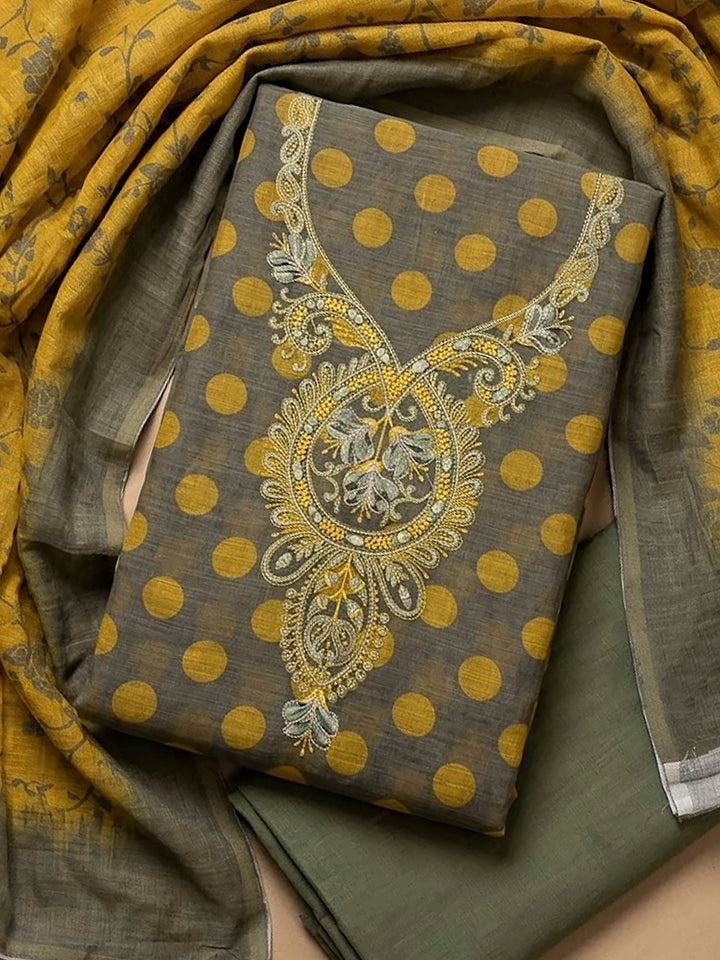 Grey Cotton Blend Embroidered Unstitched Dress Material