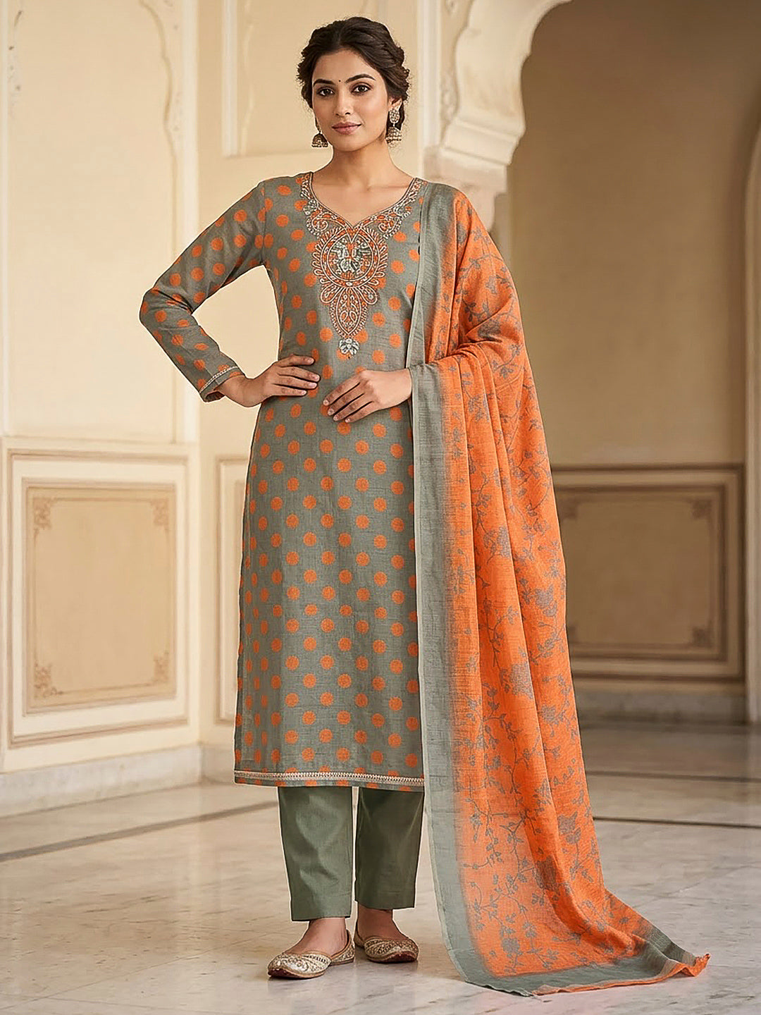 Grey Cotton Blend Embroidered Unstitched Dress Material
