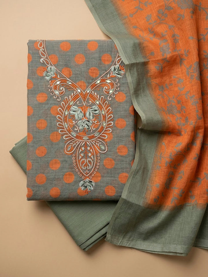Grey Cotton Blend Embroidered Unstitched Dress Material