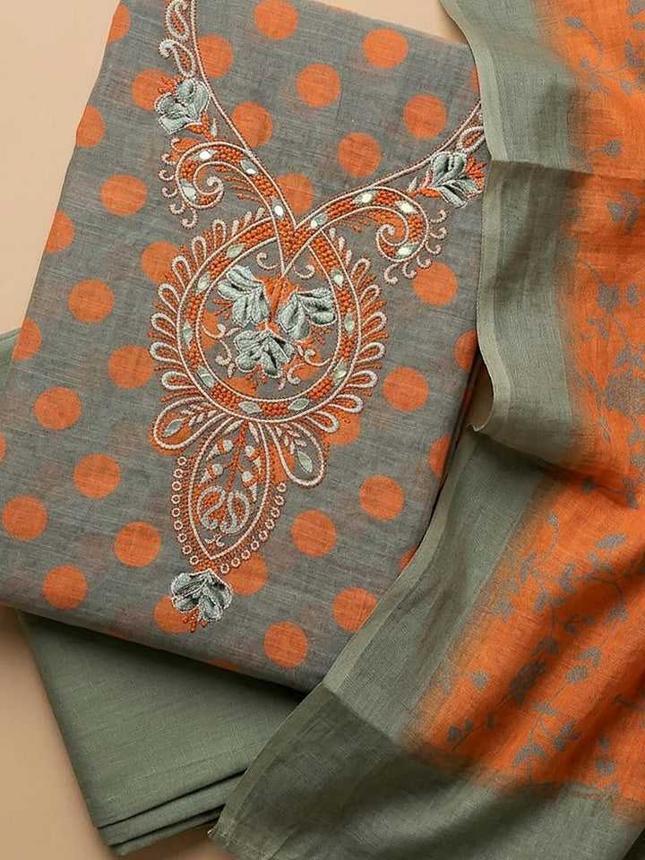 Grey Cotton Blend Embroidered Unstitched Dress Material