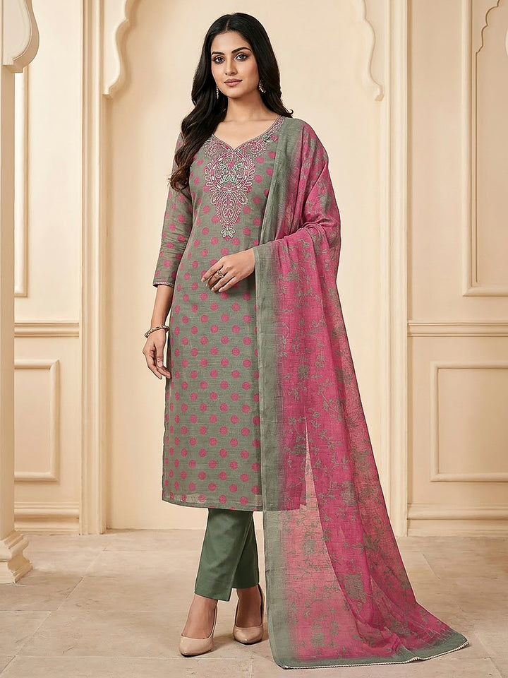 Grey Cotton Blend Embroidered Unstitched Dress Material